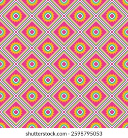 Seamless vector pattern with suns in diamonds. Bright geometric design for textile, fabric, wrapping, wallpaper and other surfaces. Symmetrical ordered background.