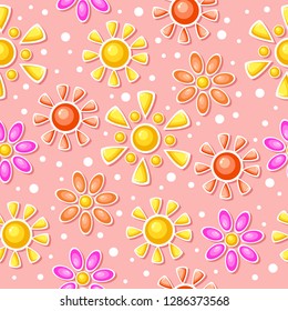 Seamless vector pattern with suns, drops and flowers on a pink background. Bright summer illustration. Cartoon wrapping. Cute fabric