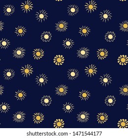 A seamless vector pattern with suns on a dark background. Surface print design.