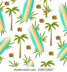 Seamless vector pattern with surf boards, palm trees, coconuts. Illustration for textile, wallpaper, print design on white background