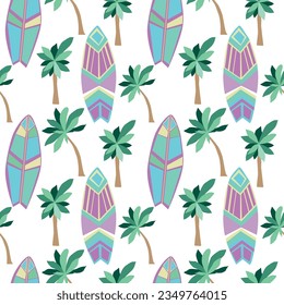 Seamless vector pattern surf and palm trees. Pink surfer boards on a white background. Design for wrapping paper, fabric, wallpaper.