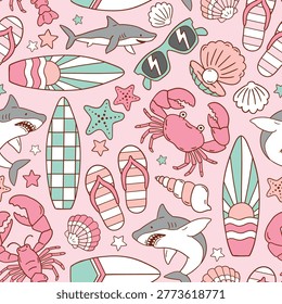 Seamless vector pattern with surfboard, shark, crab, lobster and beach accessories. Hand drawn surf lifestyle illustration. Perfect for textile, wallpaper or nursery print design.