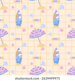 Seamless vector pattern with surfboards, beach umbrellas, in a kawaii tropical style. Perfect for kids summer clothing and fun fabric prints