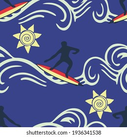 Seamless vector pattern with surfer on dark blue background. Simple lifestyle sport wallpaper design. Summer holiday fashion textile.