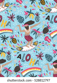 Seamless vector pattern with  surfer and ornamental phrase - ALOHA -  on the blue background. Seamless bright tropical design.