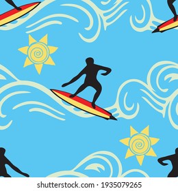 Seamless vector pattern with surfer silhouette on blue background. Happy summer sport wallpaper design. Lifestyle fashion textile.