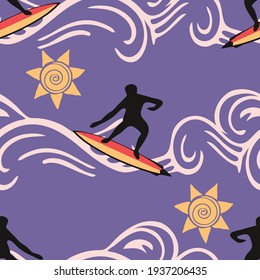 Seamless vector pattern with surfer silhouette on purple background. Summer sport wallpaper design. Happy lifestyle fashion textile.