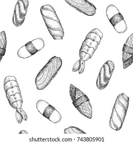 Seamless vector pattern with sushi. Asian food vector illustration. Design template for wrapping paper or fabric. Vintage style, hand-drawn graphic