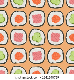 Seamless vector pattern. Sushi with different fillings. Background for wrapping paper, menu and greeting card.