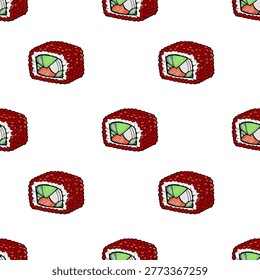 Seamless vector pattern of sushi rolls with salmon and avocado, illustrated with red tobiko caviar