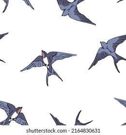 Seamless vector pattern with swallows on white background. Simple flock of birds wallpaper design. Decorative bluebird fashion textile.
