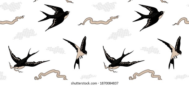 Seamless vector pattern with swallows and ribbons. Traditional style tattoo. Design for paper, cover, fabric, interior decor