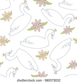 Seamless vector pattern with swan princess and flowers. Perfect for wrapping paper, wallpaper, repeating elements, vintage design, notebook cover, fabric clothes design.