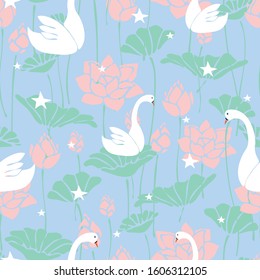 Seamless vector pattern with swans and lotus flower on light blue background. Romantic wallpaper design with stars and birds. Ideal for wedding, cards, fabric, fashion.