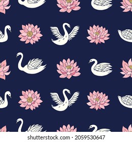 Seamless vector pattern of swans and lotuses. Decoration print for wrapping, wallpaper, fabric, textile.