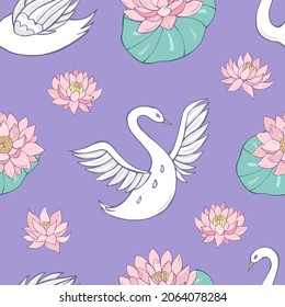 Seamless vector pattern of swans, lotuses and water lilies. Decoration print for wrapping, wallpaper, fabric, textile.