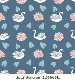 Seamless vector pattern of swans, lotuses and water lilies. Decoration print for wrapping, wallpaper, fabric, textile.