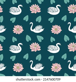 Seamless vector pattern of swans, lotuses and water lilies. Decoration print for wrapping, wallpaper, fabric, textile.