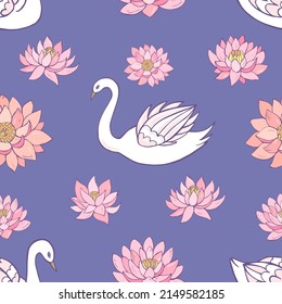 Seamless vector pattern with swans and lotuses. Decoration print for wrapping, wallpaper, fabric, textile.