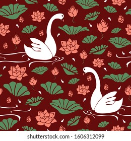 Seamless vector pattern with swans and louts flower on dark red background. Simple bird swimming. Mahogany floral wallpaper design.