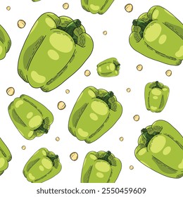 Seamless vector pattern. Sweet bell pepper on an isolated white background. Bright and useful products for wallpaper and textiles