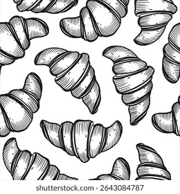Padrão de vetor sem emenda de pães doces, croissants. Bolos franceses. Todos os objetos são desenhados à mão com tinta. A ilustração é adequada para o projeto de embalagens de alimentos, padarias.