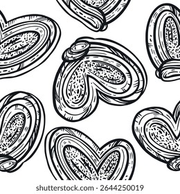 Padrão de vetor sem emenda de pães doces, pães. Todos os objetos são desenhados à mão em vetor em cinza. Para impressão em papel de embrulho, tecido, para design de lojas, padarias e pastelaria.
