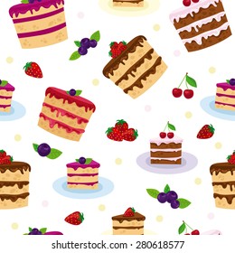Seamless vector pattern with sweet cakes and berries