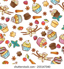  Seamless vector pattern with sweet cupcakes and spices. Can be used for cards, fabrics, wallpapers, scrap-booking, ornamental template for design and decoration.