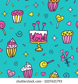 Seamless vector pattern with sweet elements in doodle stile. Hand drawn background for wrapping paper, textile, web page background, packaging, poster, banner.