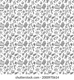 Seamless vector pattern with sweet food. Doodle vector with sweet food icons on white background. Vintage sweets pattern, sweet elements background for your project, menu, cafe shop. 