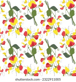 Seamless vector pattern with sweet pea flowers. Floral pattern for wallpaper or fabric, textile. Red and yellow summer flowers and green foliage on a white background.