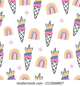 Seamless vector pattern with sweet unicorn and rainbow on white background. Perfect for textiles and wrapping paper.