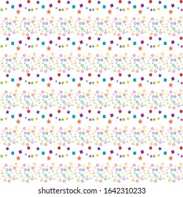 Seamless vector pattern with sweets, circles, triangles, stars on a white background for packaging, craft, cards, print, fabric.