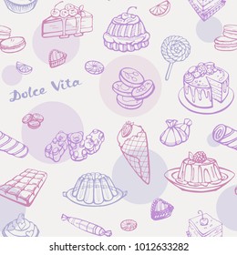 Seamless vector pattern of sweets and desserts in pink and purple tones. Hand drawing on a white background.