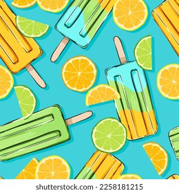 Seamless vector pattern. Sweets, desserts, deliciousness. Ice cream with fruits. Citrus, lemon, orange. Juicy sweet background