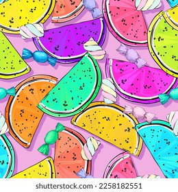 Seamless vector pattern. Sweets, desserts, deliciousness. Marmalade, candies, marshmallows, sweets, dessert, yummy. Juicy sweet background