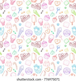 Seamless vector pattern - sweets and desserts doodle style, colorful lines