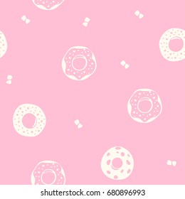 Seamless vector pattern of sweets, donuts and marshmallow on pink. Cute vector illustration for paper package wrapper for sweets or other design. Vector sweets background.