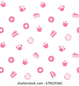 Seamless vector pattern of sweets, muffin and donuts on white. Vector illustration for paper package wrapper for sweets. Vector sweets background.