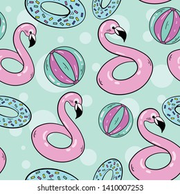 Seamless vector pattern with swimming flamingo circle and swimming boll on blue background. Good for printing. Wallpaper, fabric and textile design. Cute colorful wrapping paper pattern.