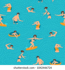 Seamless vector pattern with swimming people in scandinavian style.