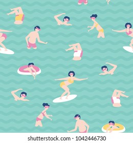 Seamless vector pattern with swimming people in scandinavian style.
