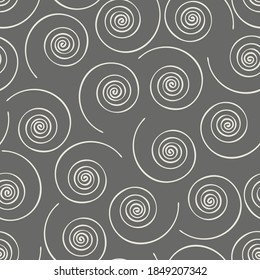 Seamless vector pattern with swirl lines on grey background. Simple twist spiral textured wallpaper design. Trendy fashion textile.