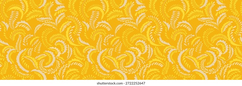Seamless vector pattern with swirling ornamental leaves in warm yellow and soft beige tones. Elegant, dynamic foliage design for textiles, packaging, wallpapers, and decor