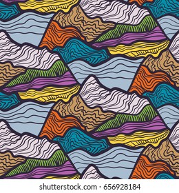 Seamless vector pattern of swirls of waves, peaks of mountains. Colorful hand drawn ornament.
