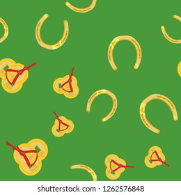 Seamless vector pattern with symbols of good luck: horseshoe and chinese coins on  green background. Amulets of good luck, happiness, wealth. For backdrops, gift wrapping, prints.