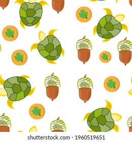 Seamless vector pattern with symbols of good luck: turtle, acorn, clover coin on white background. Traditional amulets of happiness.