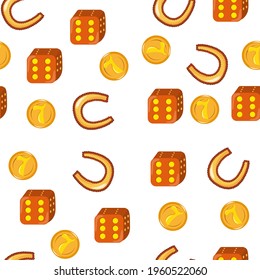 Seamless vector pattern with symbols of good luck: horseshoe, dice, coin on white background. Traditional amulets of happiness.