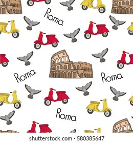 Seamless vector pattern. Symbols of Rome city pattern on the white background. Colosseum and colored scooters and doves pattern.